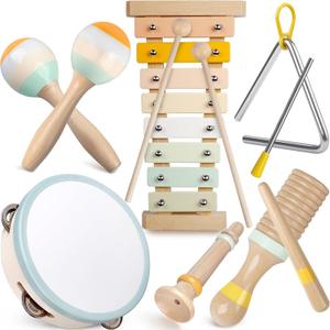 Baby Musical Instruments - Neutral Colors Musical Toys for Toddlers 1-3, Montessori Wooden Percussion Instruments Set with Modern Boho Xylophone Tambourine, Kids Preschool Educational Birthday Gifts (Multicolored)