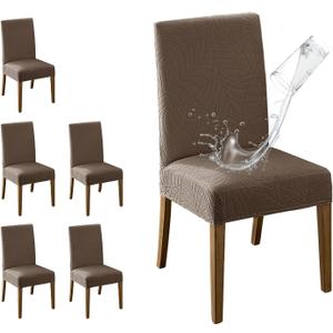 MOSAYT 100% Waterproof Dining Room Chair Covers Set of 6, Super Fit Stretch Jacquard Parson Chairs Slipcovers Removable Washable Chair Seat Protectors for Home, Kitchen, Banquet (Taupe - XL)