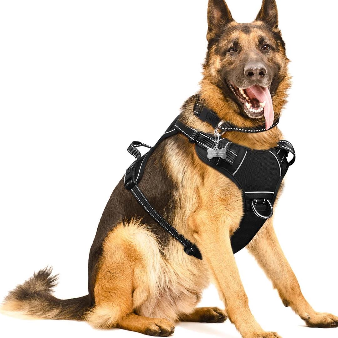 WINSEE Dog/Pet Harnesses No Pull with Dog Collar, Adjustable Reflective Oxford Outdoor Vest, Front/Back Leash Clips for Dogs, Easy Control Handle for Walking (Black) X-Large