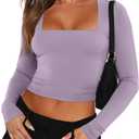 REORIA Long Sleeve Shirts for Women 2024 Fall Fashion Square Neck Basics Y2K Crop Tops Layering Slim Fitted Top, XL