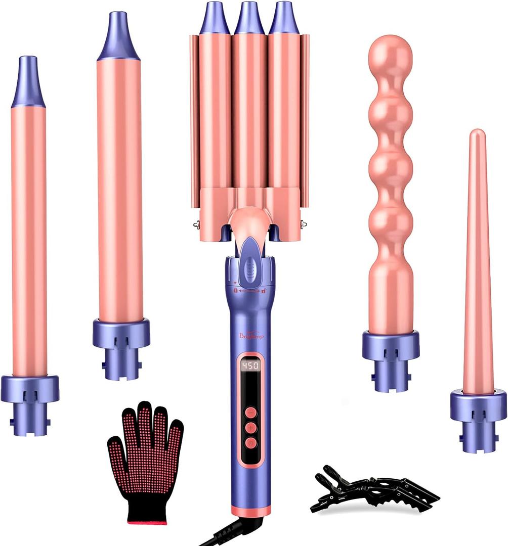 Brightup Curling Iron, 3 Barrel Hair Curler Beach Waver All in One Curling Wand with Interchangeable Ceramic Barrels and Heat Protective Glove, LCD Display, Instant Heating, Temperature Adjustment