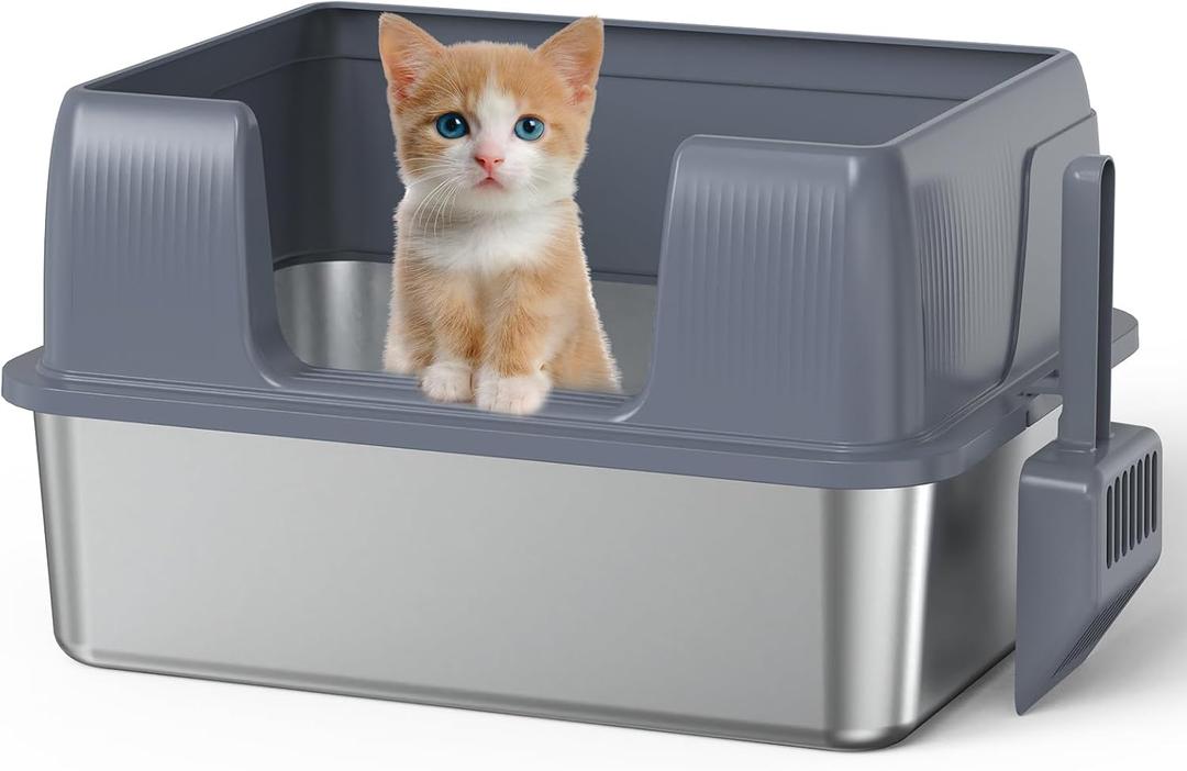 Stainless Steel Litter Box with Lid, High Side Metal Kitty Litter Box, No Stick, No Smell, Easy to Clean