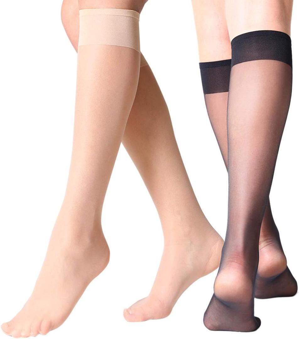 MANZI 12 Pairs Lady's Sheer Knee High Stockings for Women (Black and Nude)