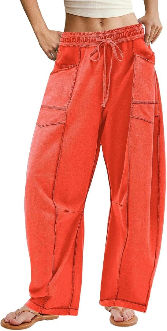 ReachMe Womens Barrel Sweatpants Baggy Wide Leg Lounge Pants Summer Travel Pants Beach Vacation Outfits (X-Small, Orange Red)