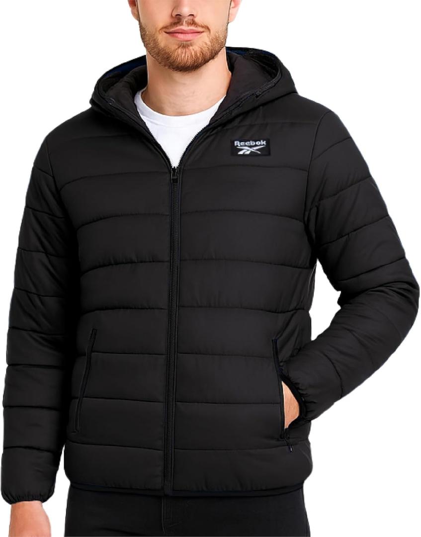 Reebok Mens Puffer Jacket - Lightweight Quilted Glacier Shield Plus Size Puffer Jackets for Men - Insulated Mens Winter Coats (Small, Solid Black)