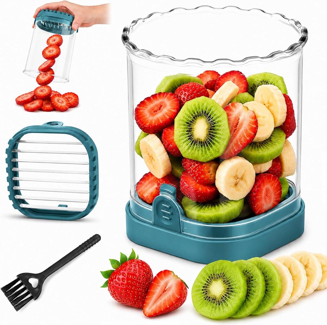 2 x CUNSENR Strawberry Slicer, Fruit Slicer Cup with Stainless Steel Blades, Detachable Strawberry Cutter & Fruit Cutter for Strawberries, Banana, Egg, Cucumber, Mushroom, Quick Meal Prep - Blue