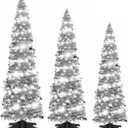 Leyndo 3 Pcs 3 4 5 ft Collapsible Artificial Christmas Tree with LED Light Pre Lit Silver Sequined Pop Up Tinsel Pencil Skinny Xmas Tree for Indoor Home Fireplace Decoration