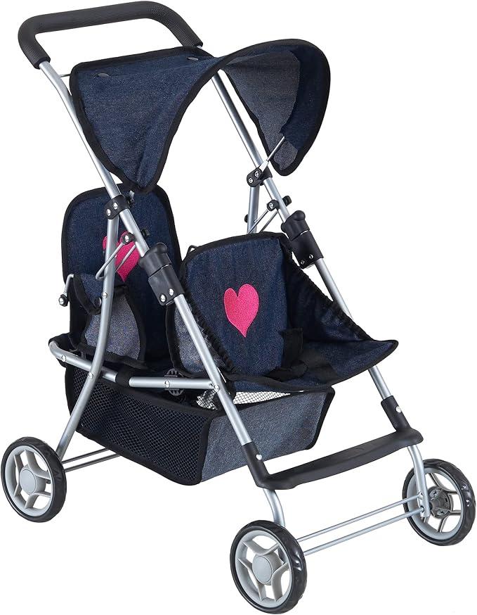 The New York Doll Collection First Twin Stroller  Cutest Heart Design Baby Strollers Great Toy Gift for Toddlers and Girls (Denim) Blue,pink
