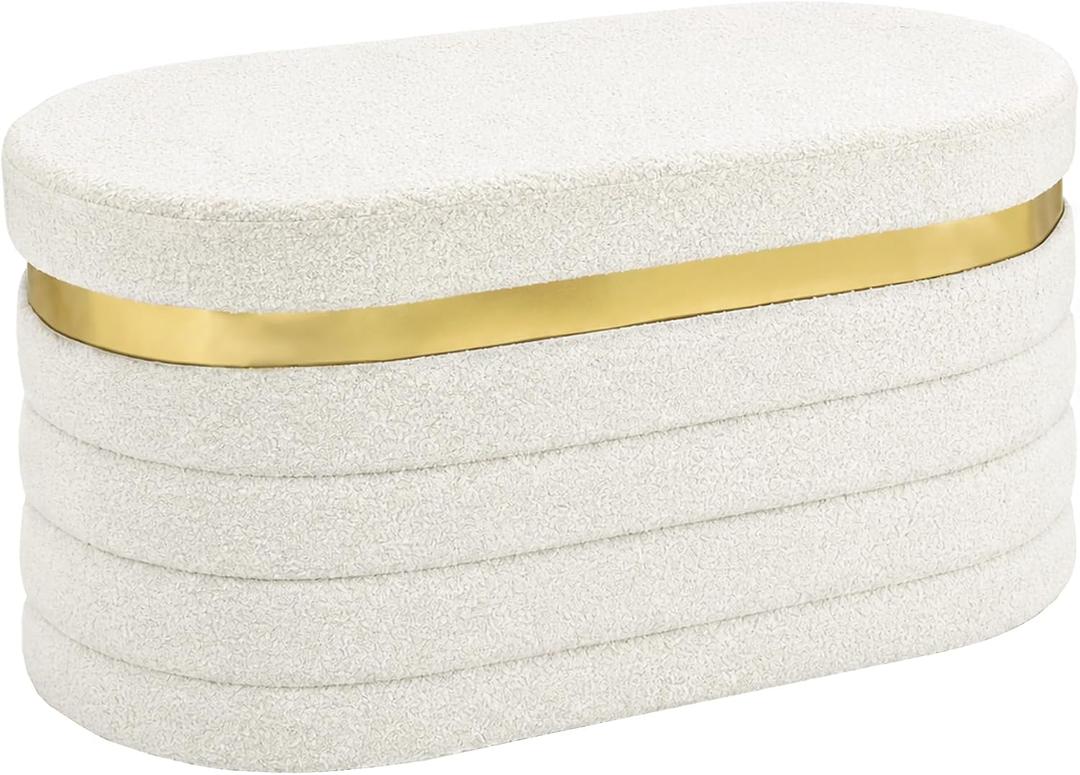 30.7 Inches Oval Ottoman Bench with Storage, Teddy Fleece Folding Footrest Ottoman, Soft Seat Cushion for Living Room, Entryway, Bedroom, White, 30.7"D x 15"W x 15"H