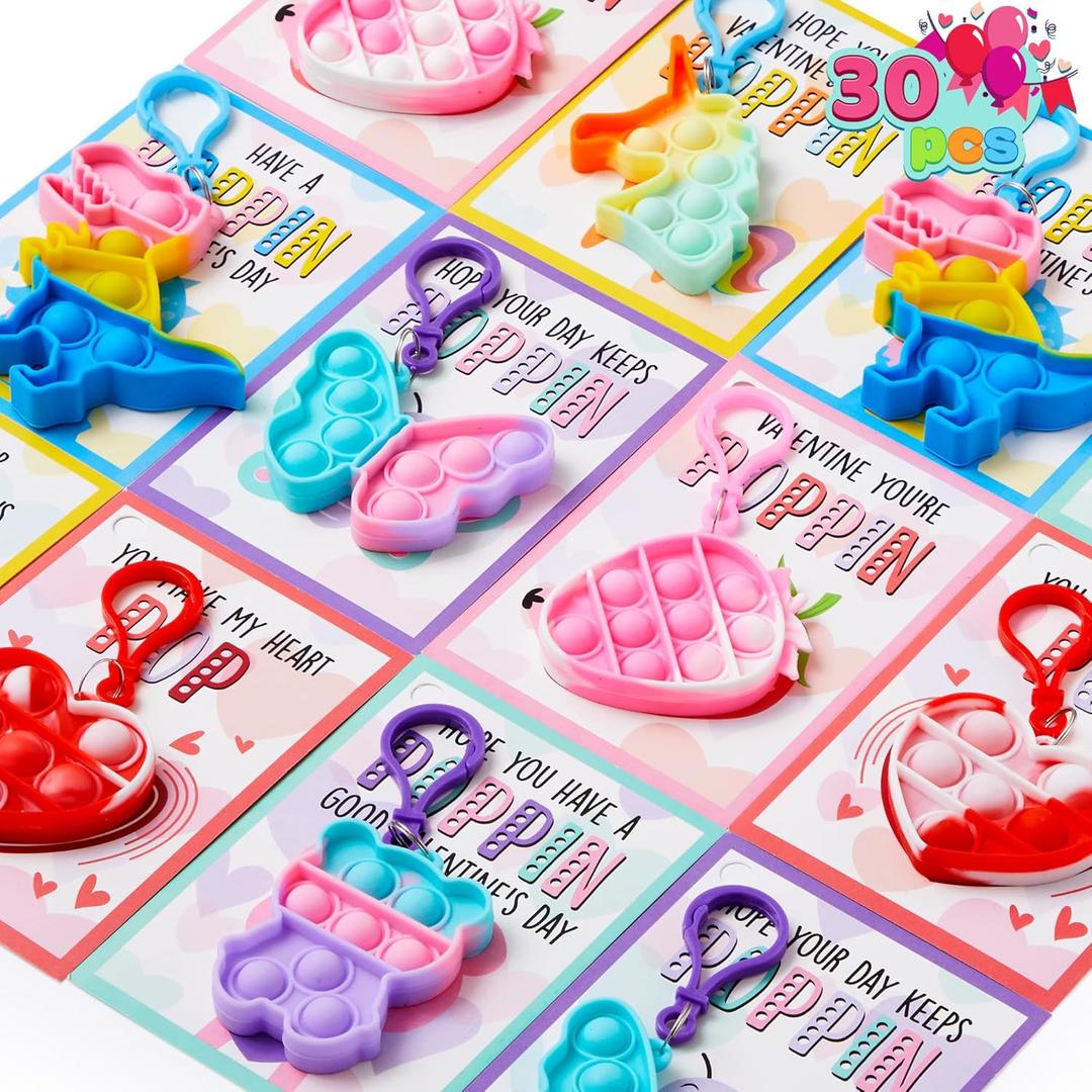 JOYIN 30 Packs Valentine's Day Gift Cards with Pop Fidget Keychain Toys, Stress Anxiety Relief Fidget Toys with Cards for Kids Valentine Classroom Exchange Prizes, Valentine's Day Party Favors