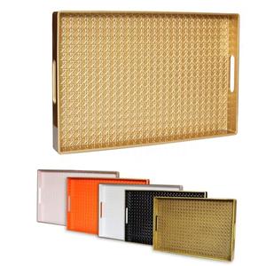 Leemxiiny Gold Decorative Coffee Table Tray, Rectangular Plastic Serving Tray with Handles for Living Room, Ottoman, Bathroom, 15.7"*10.2"