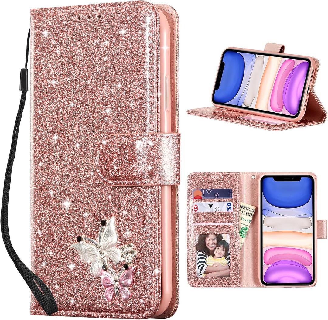 UEEBAI Wallet Case for iPhone 11, Glitter PU Leather Phone Cover Card Slots Kickstand Wallet Magnetic Closure Bling Flip Case Shockproof Hand Strap Flip Cover - Rose Gold