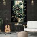 Emerald Green Flower Wall Art Gold Emerald Rose Wall Decor Modern Floral Canvas Print Painting Picture Artwork for Bedroom Bathroom Home Decor,Framed (18L" x 12W")