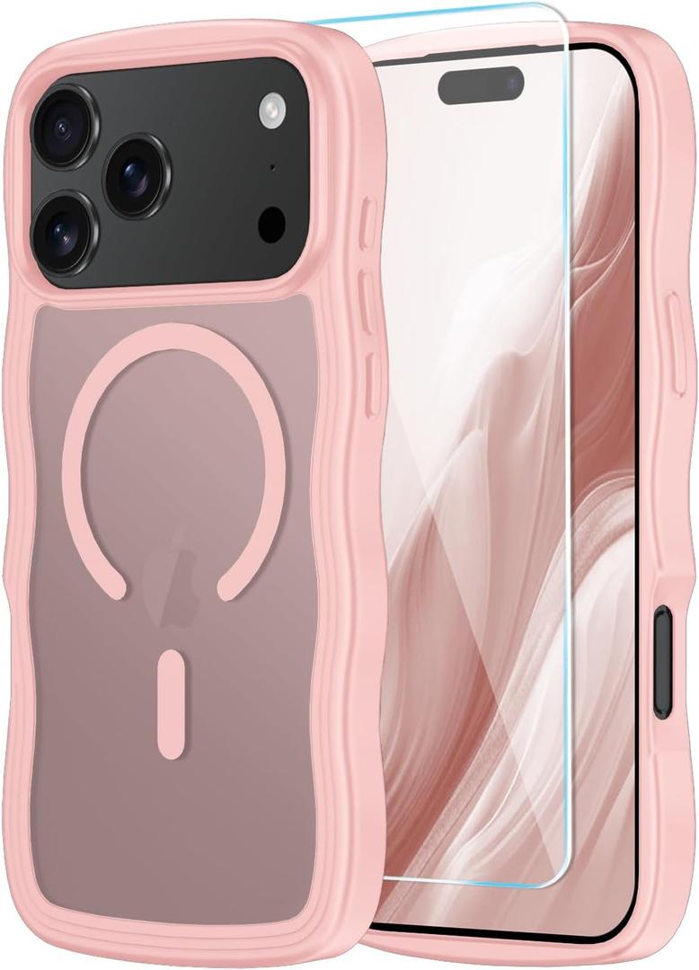 SunStory Compatible with iPhone 17 Pro Case with HD Screen Protector, [Compatible with MagSafe] Cute Wave Translucent Matte Phone Case for iPhone 17 Pro (Pink)