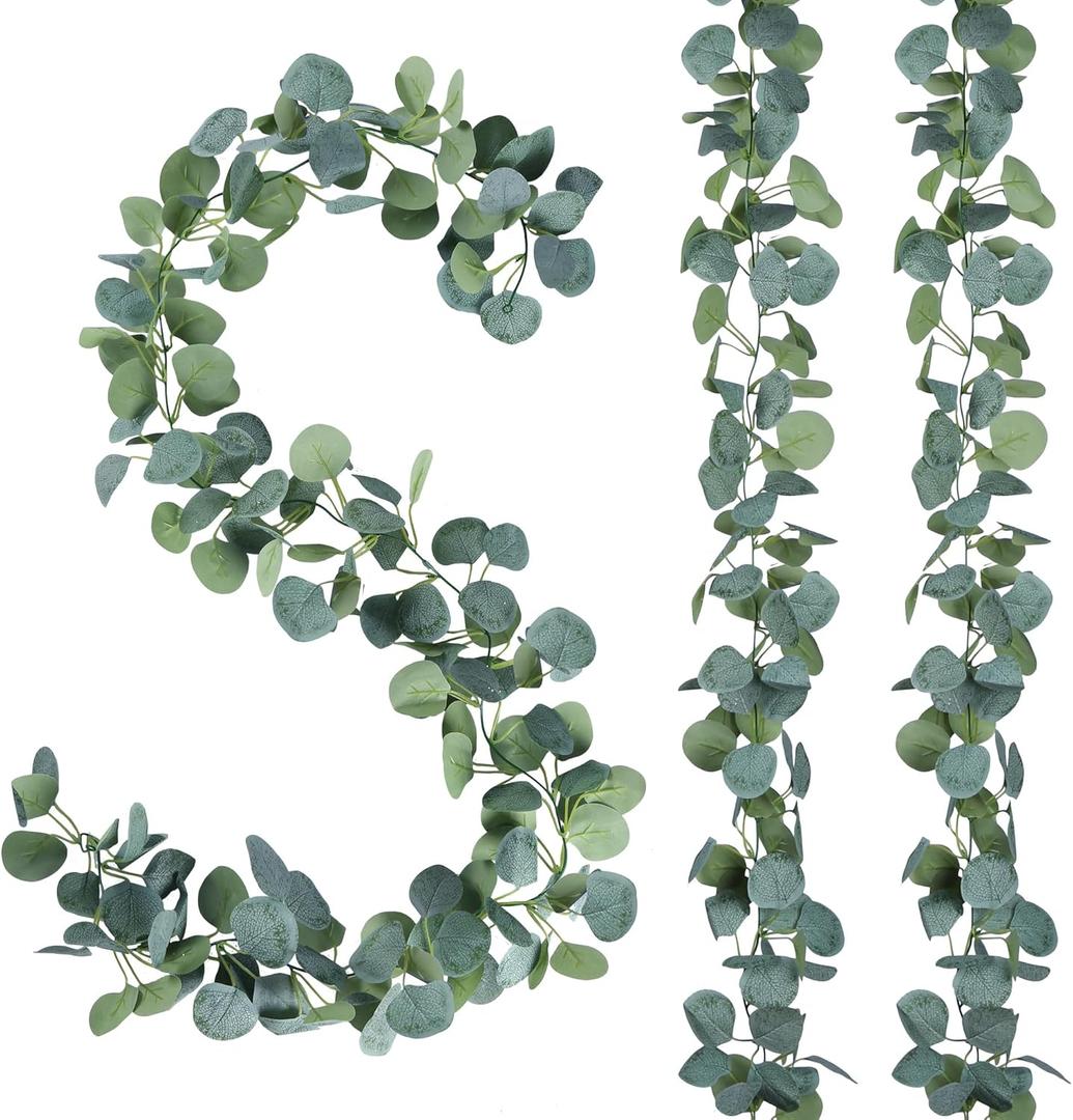 Sggvecsy 6 Pack Artificial Eucalyptus Garland Greenery Leaves Handmade 3D Silk Vines Silver Dollar Leaves Faux Leaf Plants for Wedding Wall Table Party Home Fireplace Bedroom Decor