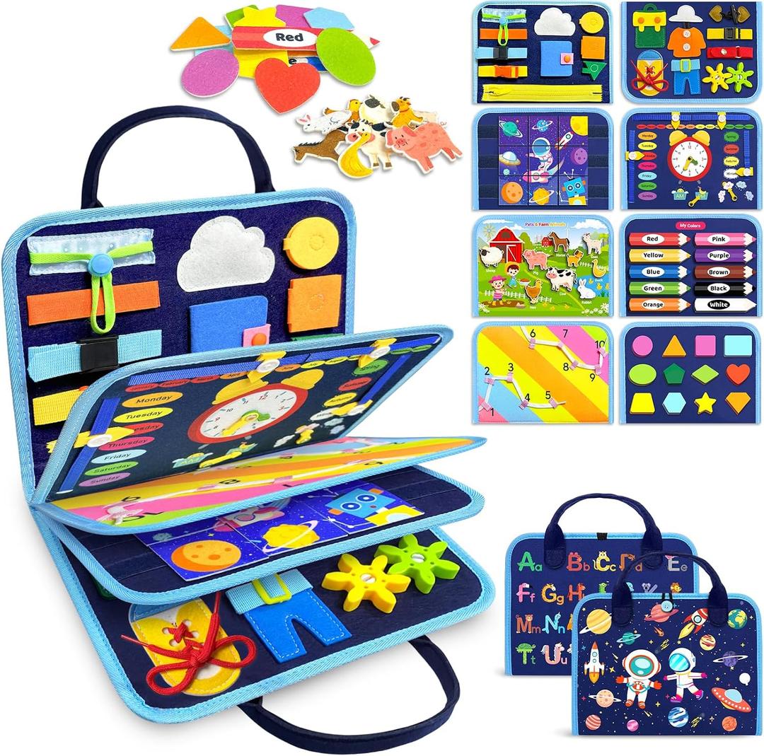 Gojmzo Busy Board Montessori Toys for Toddler Boy Birthday Gifts, Busy Book Sensory Toys for Toddlers, Learning Educational Toddler Travel Activities, Blue/P8