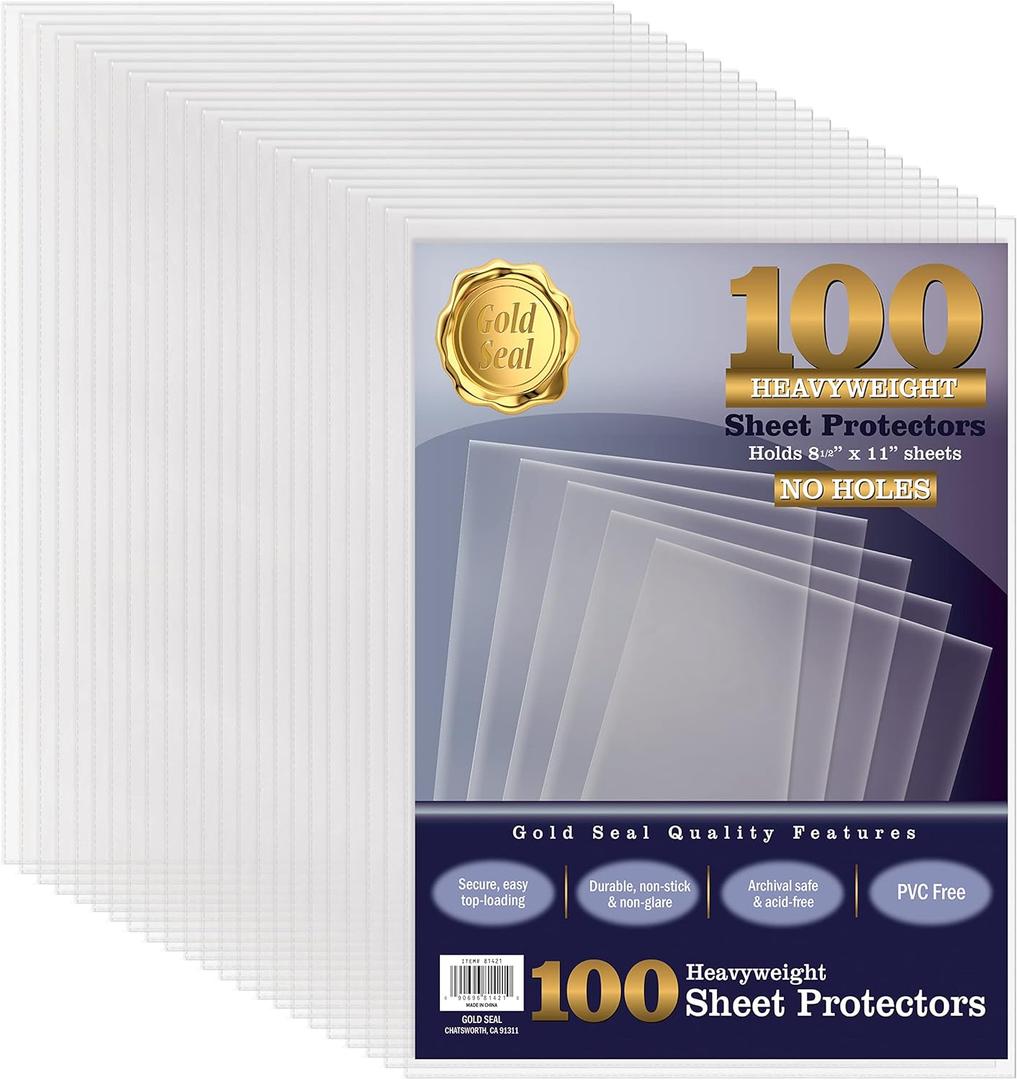 GOLD SEAL No Holes Sheet Protectors, Bulk Pack, Letter Size (8.5 x 11 Inch), Heavyweight Clear View Sheet Protectors, Top Loading, Document Protectors, Artwork Protectors,(100 Pack)