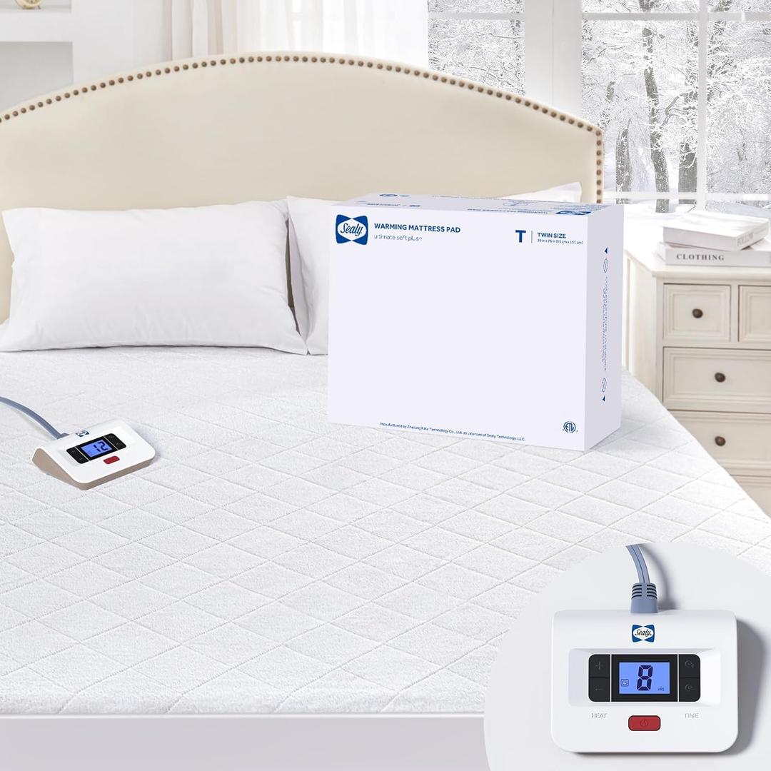 Sealy Heated Mattress Pad Twin Size with Plush Top, Coral Fleece Electric Bed Warmer Single Controller, 10 Heat Settings & Auto Off 1-12 Hours, Fit Up to 15" Deep Pocket, Machine Washable 39"x75"