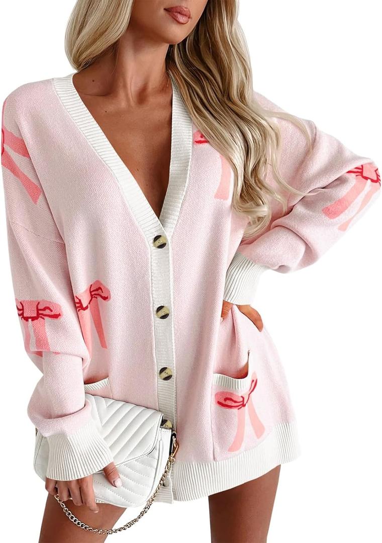Saodimallsu Womens Oversized Cardigan Sweaters Bow Printed Button V Neck Long Sleeve Loose Knit Fall Trendy Coats (L)