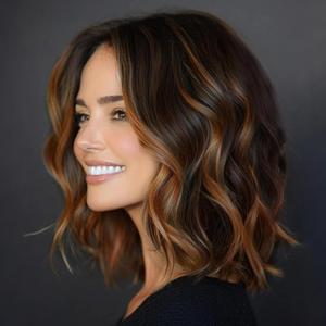 AISI HAIR 14 Inch Highlights Caramel Brown Wigs for Women - Shoulder Length Wave Wig with Pre-Cut Lace Hairline, Middle Part Natural Wavy Bob Synthetic Heat Resistant Fiber for Daily and Party