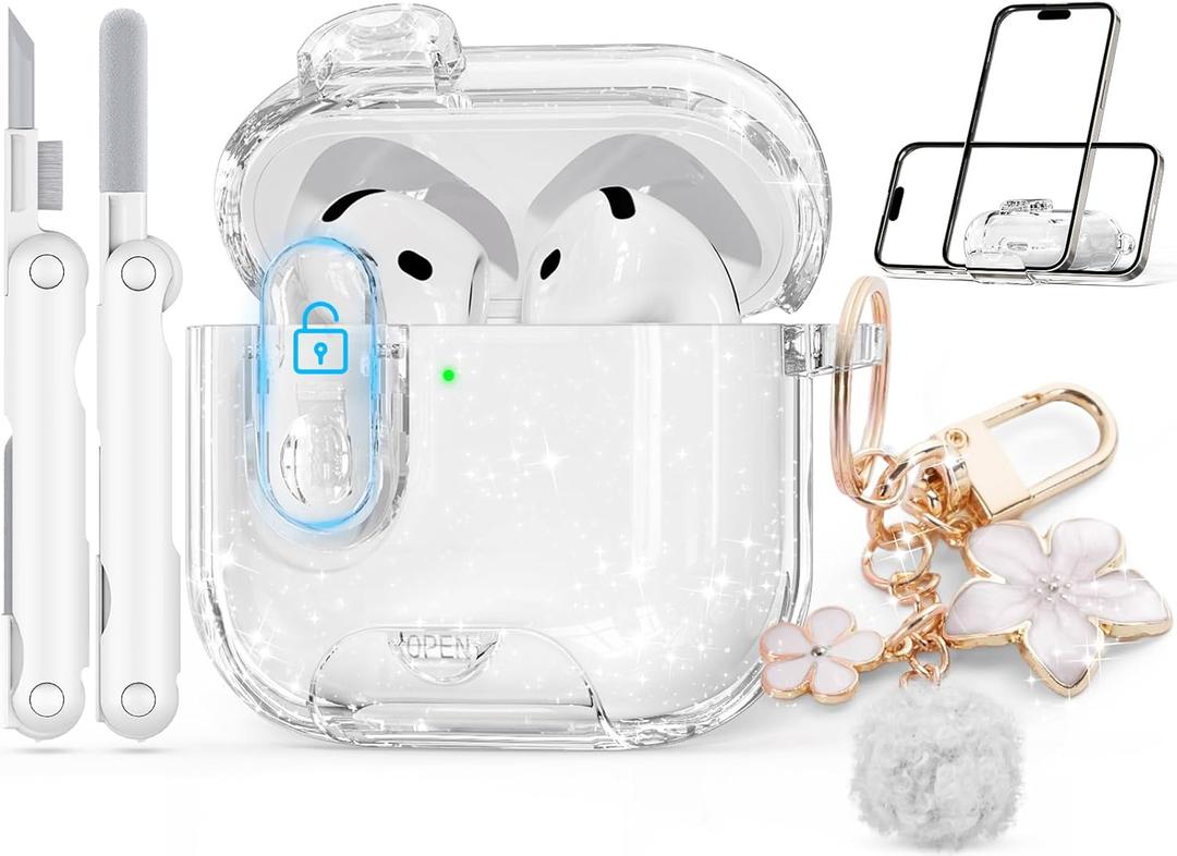 Clear Case for AirPods 4 Case Cover with Safety Lock,Soft TPU Cover with Phone Stand & Cleaning Kit,Cute Bling Keychain for Women Girls- Glitter White