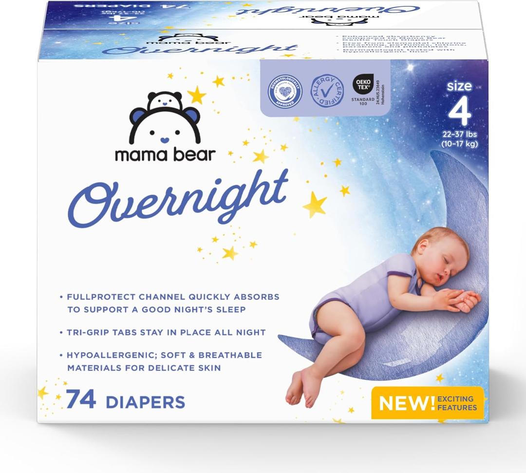 Amazon Brand - Mama Bear Overnight Baby Diapers with Leak Protection, Fragrance-Free, Size 4, 74 Count, Nighttime Protection, Leakproof with Leak Guards