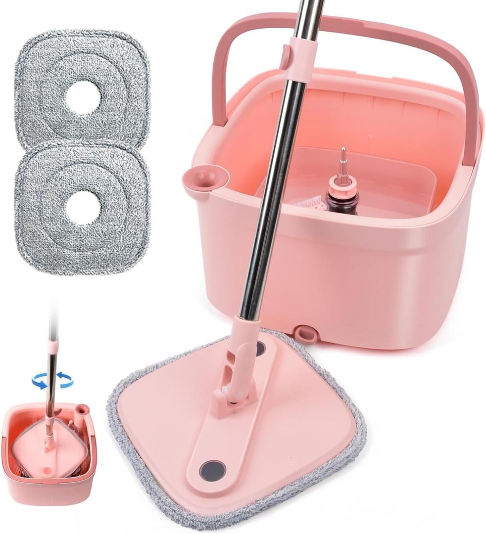 KZKR Square Spin Mop and Bucket Set with Self Separation Dirty and Clean Water System, Self Wringing 360 Rotating Mops Head with 2 Replaceable Microfiber Pads for Home Floors Cleaning (1.0 mop bucket set with 2 pads)