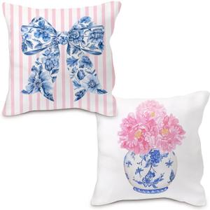 Coquette Chinoiserie Bow Pillow Covers 18x18 - Blue and White Floral Throw Pillow Cases, Pink Bow Room Decor, Girly Room Decor Aesthetics, Grand Millennial Pillow Covers Set of 2