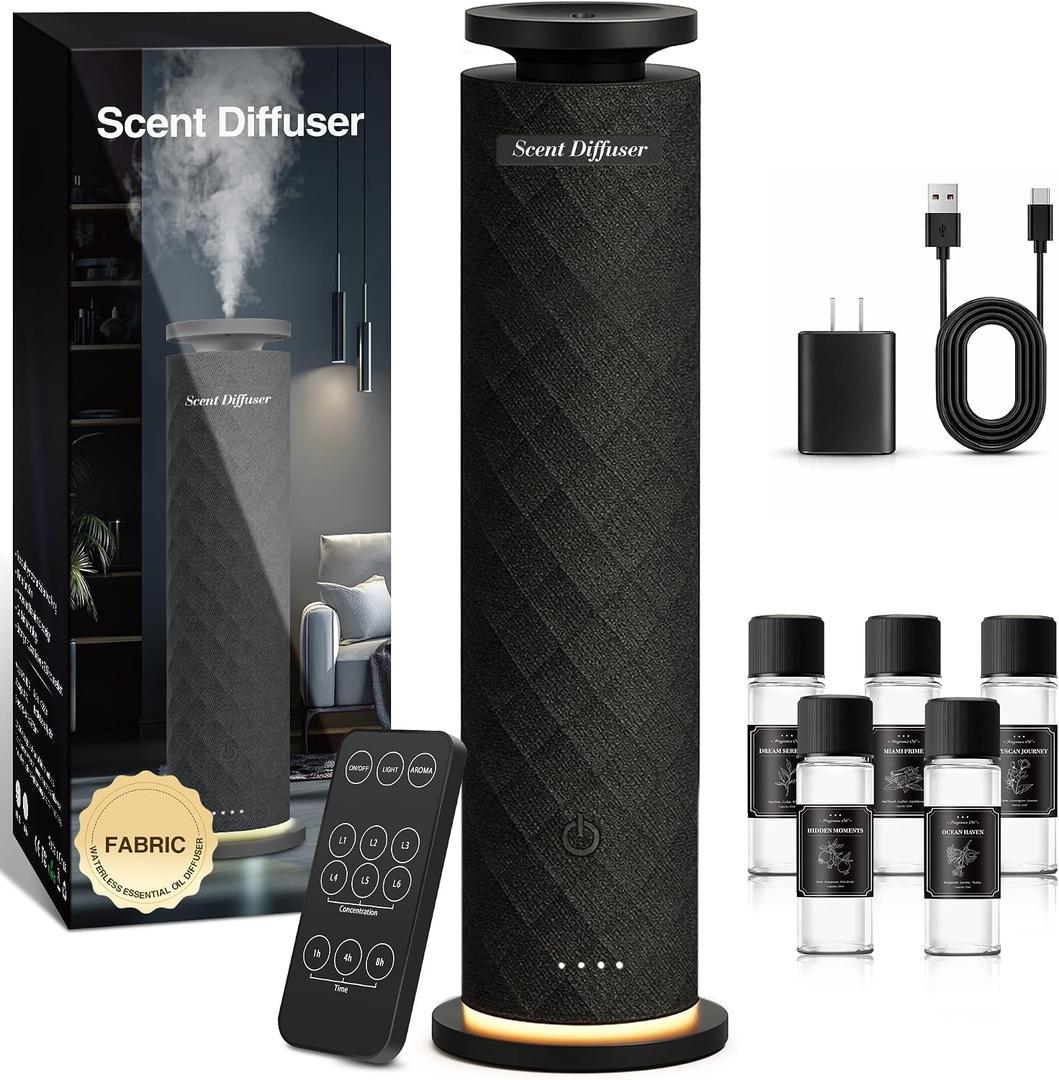 Waterless Scent Diffuser Starter Kit with 5 Oils, Luxury Hotel Style Cold Air Diffuser Oil Machine for Home, 1000 Sq Ft Coverage, Quiet Nebulizing Aromatherapy with Remote, Tower Fabric Design, Black