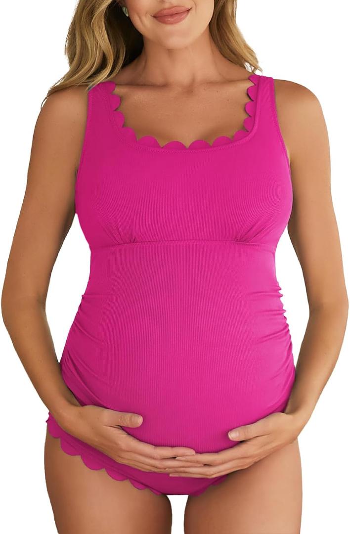 Summer Mae Ribbed Maternity One Piece Swimsuit Scalloped Cut Out Pregnancy Bathing Suit Square Neck (Large, Cerise)