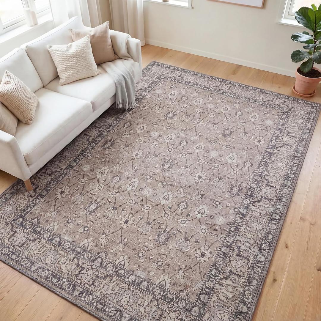 Kuden 4x6 Area Rug, Machine Washable Area Rug with Non-Slip Backing, Vintage Style, Soft, Easy Clean, Low Pile Rug for Living Room, Bedroom, Dining Room, 4' x 6' Rectangular