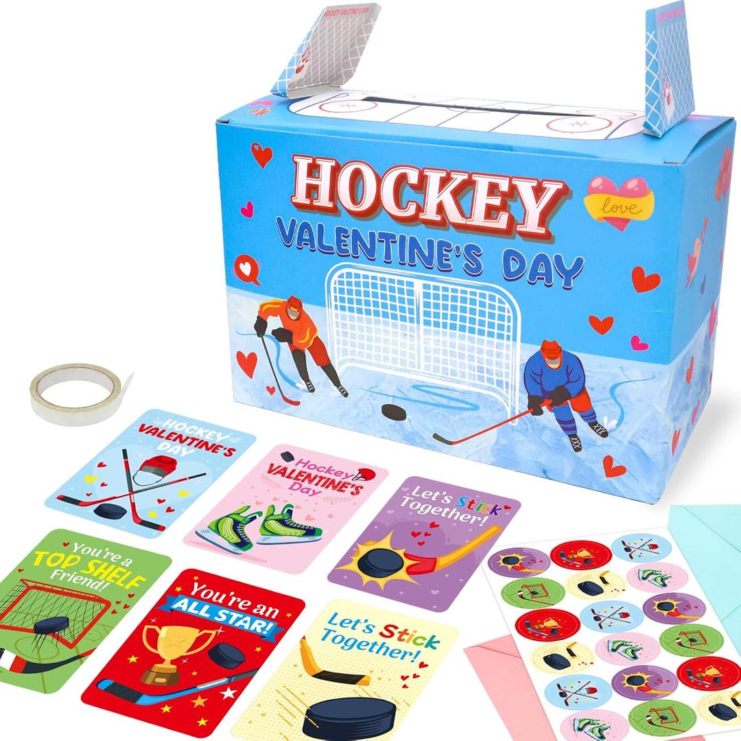 Fancy Land Hockey Valentines Box for Kids Mailbox with Cards Hockey Valentine's Day Craft Kits 30 Pack Greeting Cards Classroom Kids Exchange Gifts DIY Boys Girls