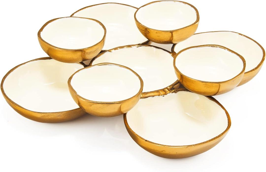 Cluster of 9 Serving Bowls, One-Piece Set, Gold White Brass Multi-Bowl Display Tray for Snacks Nuts Chips Appetizers, Modern Home Entertaining Centerpiece Dining Parties Housewarming Wedding Gifts 11"