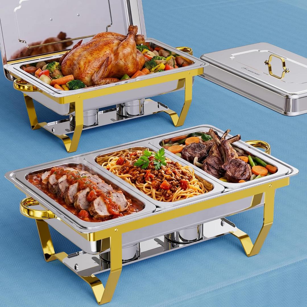 9.5QT 2 Pack Rectangular Stainless Steel Chafing Dishes for Buffet | Full & 3 1/3 Pans, Rolled-edge & Sturdy Buffet Servers and Warmers, Food Warmers for Parties, Events, Weddings, Gold Silver