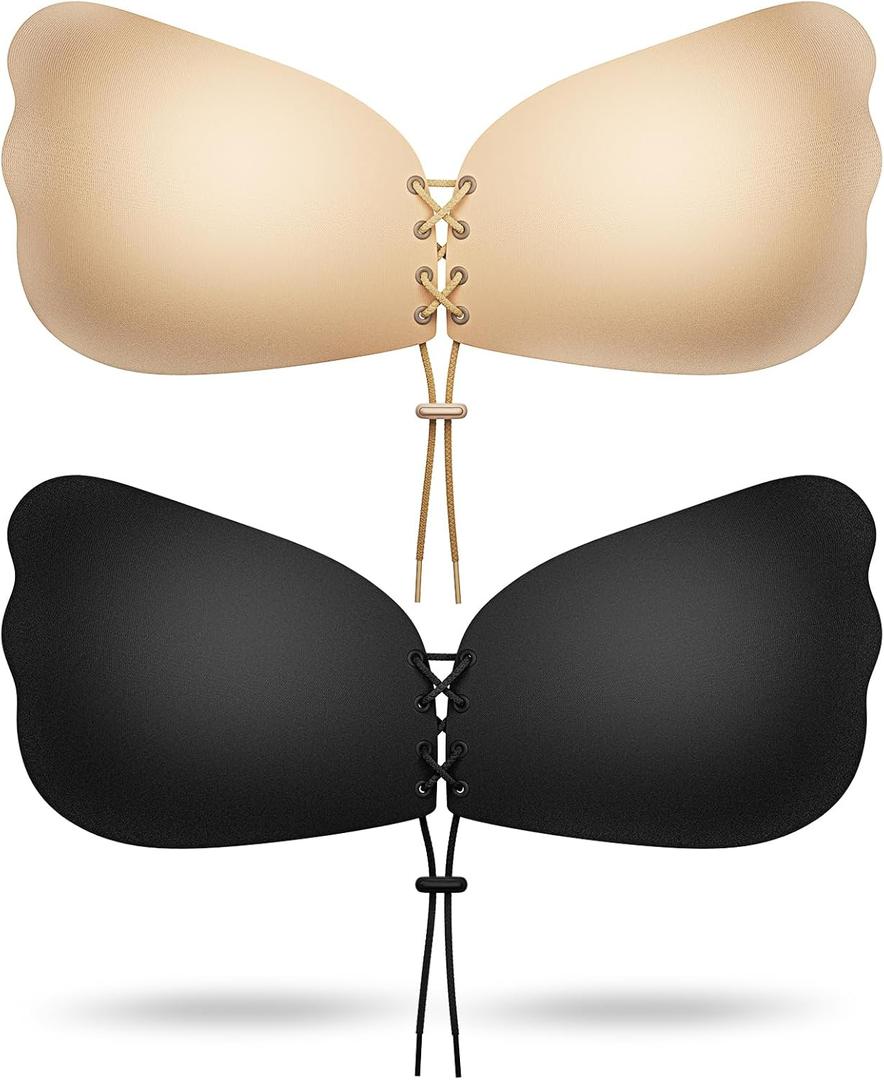 Cmojsk Sticky Bra, Backless Sticky Push Up Bra Adhesive, Invisible Seamless Strapless Bras for Women Reusable 2 Pair Black/Beige