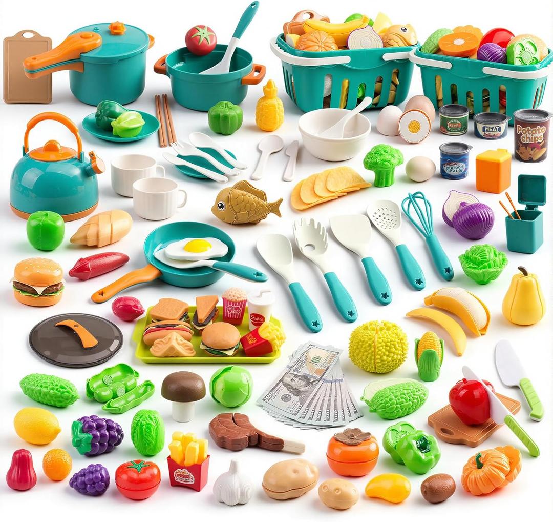 200Pcs Mini Play Kitchen Accessories for Kids, Pretend Cooking Playset with Cookware, Tableware & 2 Fruit Sets, Learning Gift for Girls, Boys, Toddlers, Green