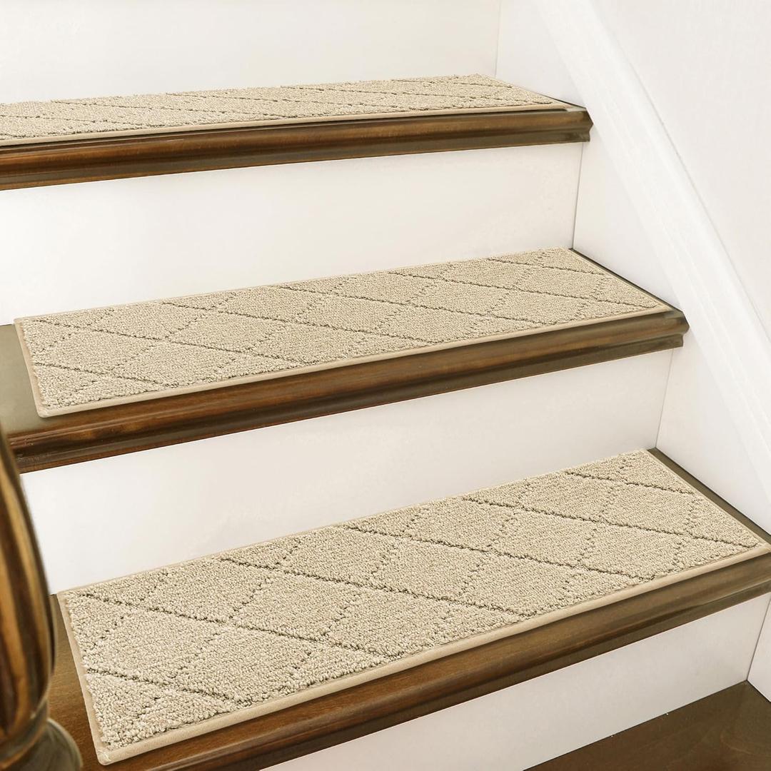 COSY HOMEER Stair Treads for Wooden Steps 9"x28",Washable Non Slip Carpet Stair Treads with Reusable Residue Free Backing Soft Peel and Stick Stair Runner Rugs for Kids Elders Pets, Warm Beige,15pcs