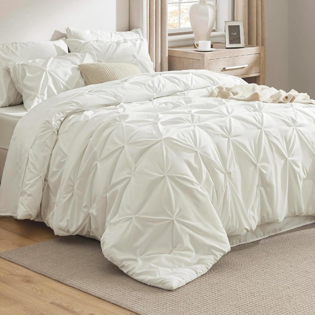 Bedsure King Size Comforter Set Ivory - Bed in a Bag King Size 7 Pieces, GentleSoft Pintuck Bed Set Gift for Family, Pinch Pleat Ivory Comforter with Sheets, Pillowcases & Shams (25 - Ivory)