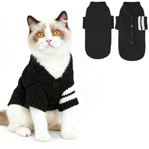 EXPAWLORER Cat Sweater Cardigan - Stylish Knitted Cat Clothes, British Style Soft Puppy Sweater with Sleeve Warm Pet Clothing Knitwear, Fall and Winter Kitten Coat for Girl Boy Cats, Black, Size: Medium