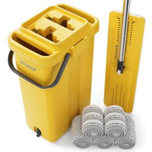 JOYMOOP Industrial Mop and Bucket Set, 17.7-inch Dust Mops for Floor Cleaning, Flat Mop Bucket with Wringer, Include 5 Reusable Microfiber Mop Pads - Yellow