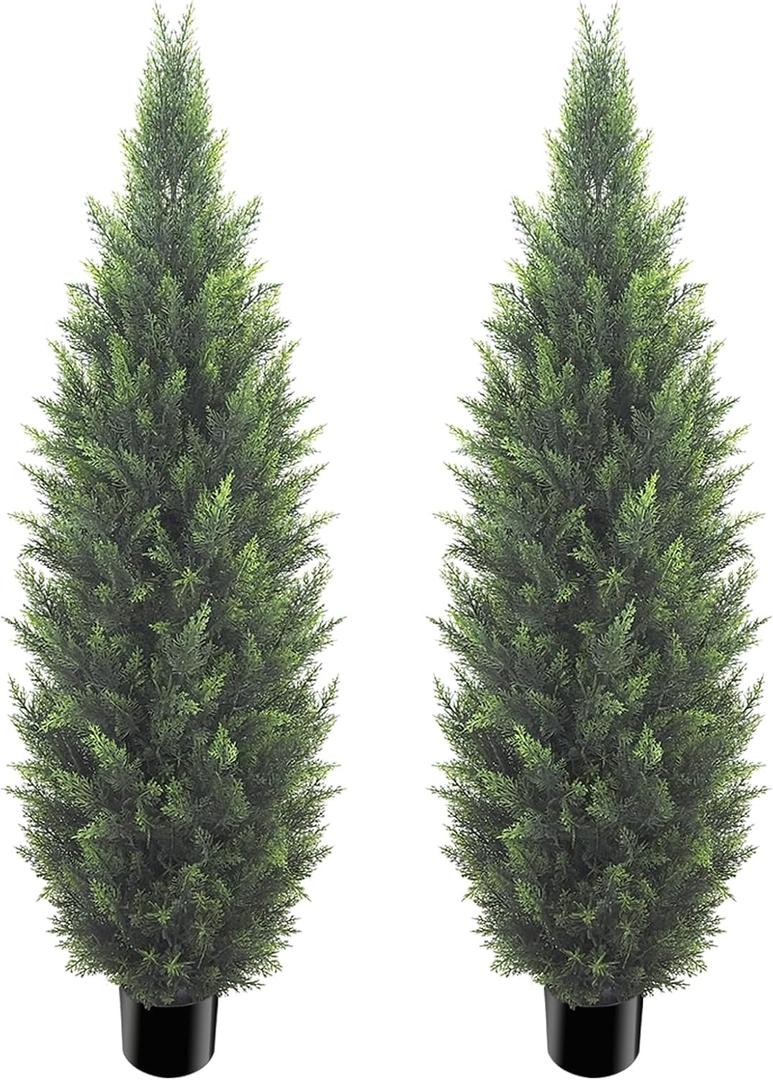 5FT Artificial Cedar Topiary Tree Lifelike Faux Cedar Pines Christmas Trees UV Rated Faux Shrubs Everygreen Plants for Front Porch Outdoor Decor Set of 2