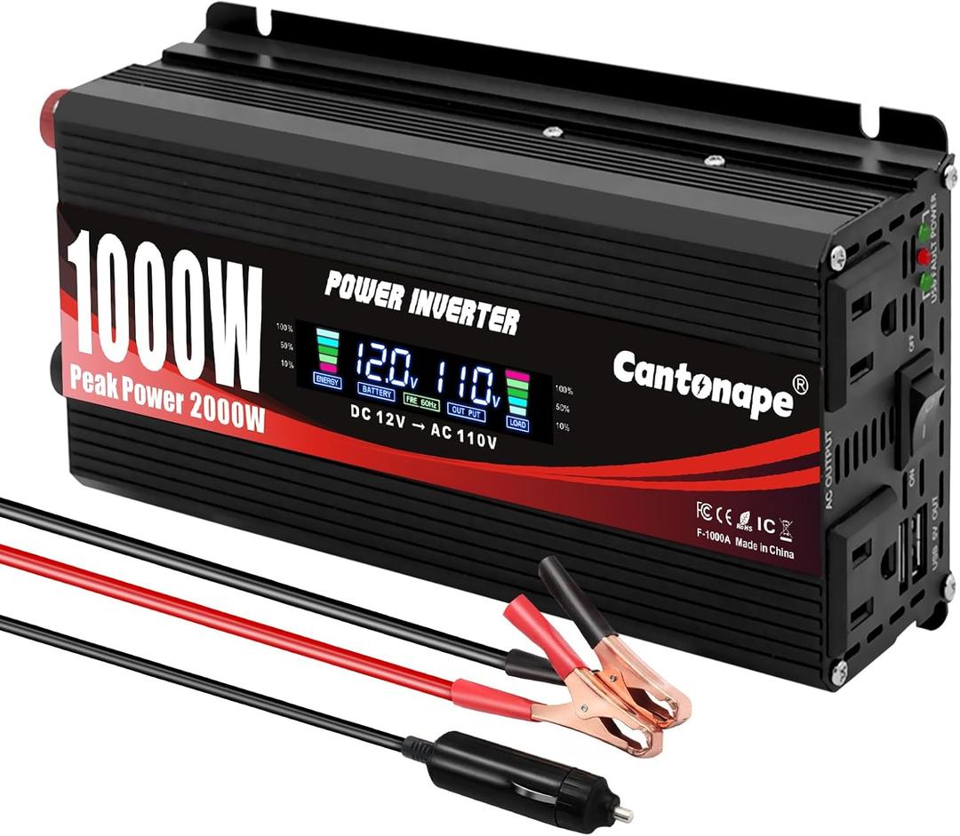 1000W/2000W(Peak) Car Power Inverter DC 12V to 110V AC Converter with LCD Display Dual AC Outlets and Dual USB Car Charger for Car Home Laptop Truck Black
