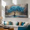 selatala Tree of Life Large Wall Art for Living Room 24"X48", Teal Blooming Flowers Canvas Wall Decor, Blue Nature Tree Abstract Painting Picture, Modern Office Bedroom Bathroom Farmhouse Decor