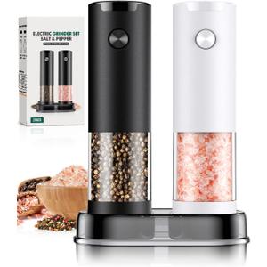 Electric Salt and Pepper Grinder Set Automatic Battery Pepper Mill Shakers Adjustable Coarseness Easy Filling Upgraded Larger Capacity with Led (2 Pack Black/White）