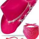 JICASTO Cowboy Hat for Women Men 6 Sparkly Stars Brim & Rhinestone Belt Western Cowgirl Hat with Sunglasses Bandanas Size 57