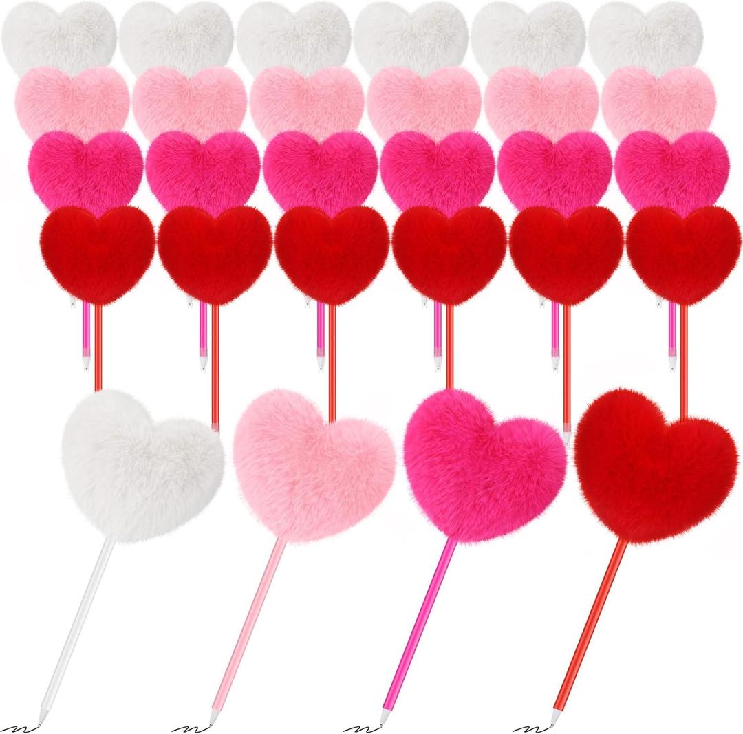 Zhanmai Heart Pom Pom Pens Bulk Cute Black Ink Fluffy Ballpoint for Woman Adults Pink Fuzzy Office Gifts Valentine's Day Wedding Party Supplies, 4 Colors(24 Pcs)