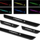 LED Door Sill Lights for Tesla Model 3 2017-2025 Accessories, ABS Scratch-Resistant Sill Protector with 7-Color RGB Lighting, Battery Powered Model 3 Pedal Mood Lamp, Matte Black, 4PCS