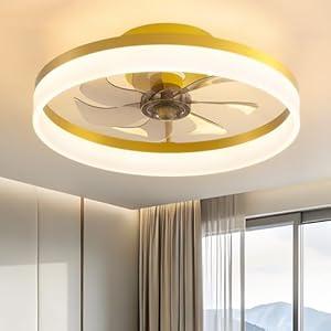 PUSU 15.8" Low Profile LED Ceiling Fans with Light, Reversible Flush Mount with Remote and 6 Winds Speeds Fan Lighting, 3 Colors Dimmable for Bedroom, Garage, Kids, Dinning Room, Kitchen (Gold)