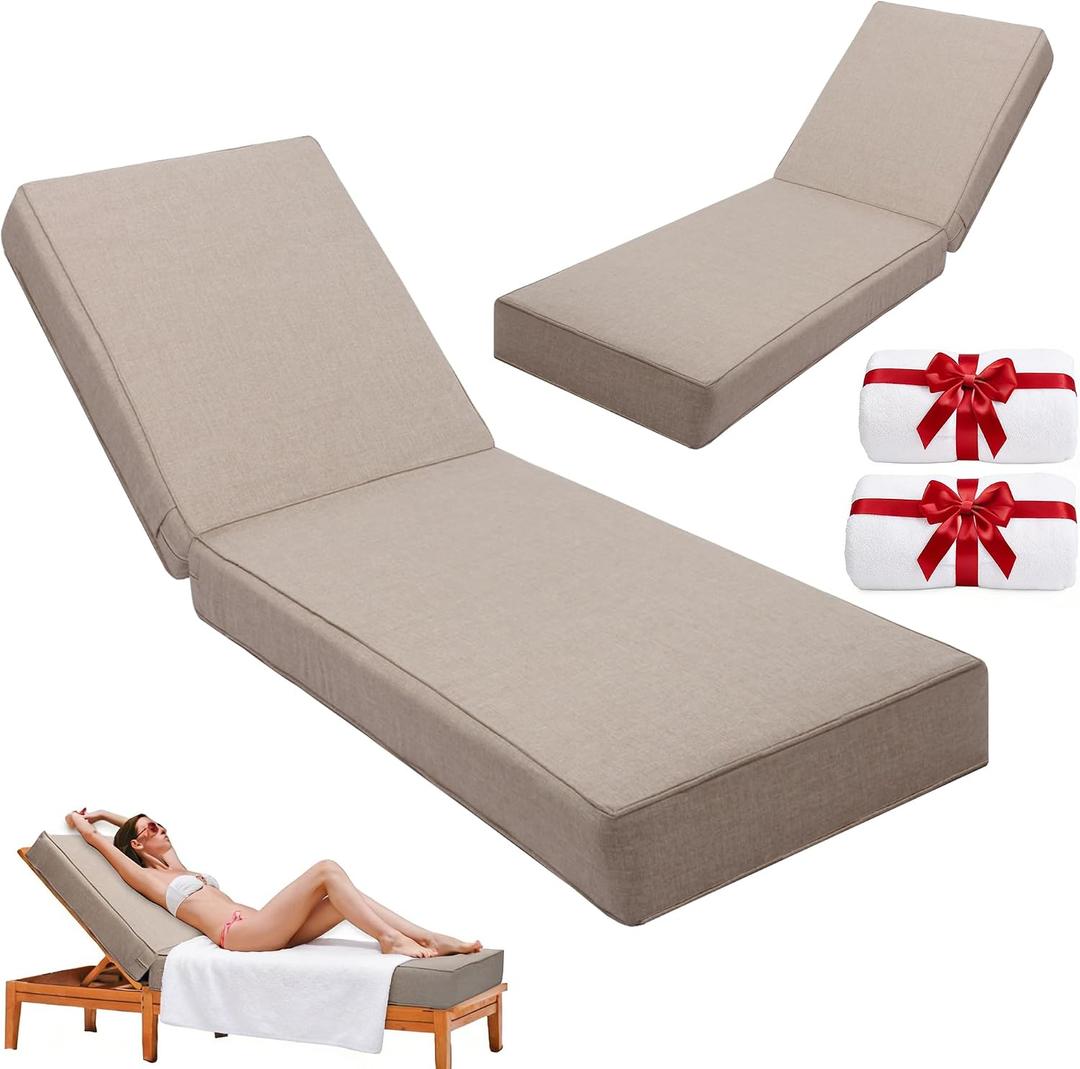 6" Thick Olefin Waterproof 72x21 Chaise Lounge Cushions Outdoor
Set of 2, Lounge Chair Cushion, Removable Cover, Adjustable Tie, Fade-Resistant, for Outdoor Furniture, Poolside, Khaki