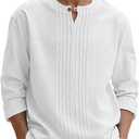 Men's Linen Shirts Casual Long Sleeve Pleated Front T-Shirt Button Henley Collared Loose Lightweight Pullover Top (X-Large)